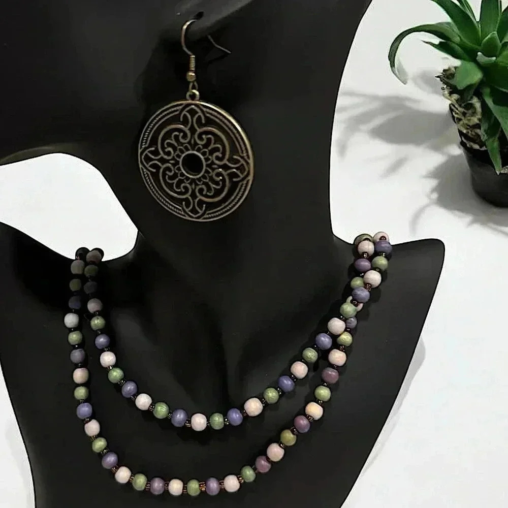 Gold plated beaded 2pc set jewelry earrings & necklace hand crafted